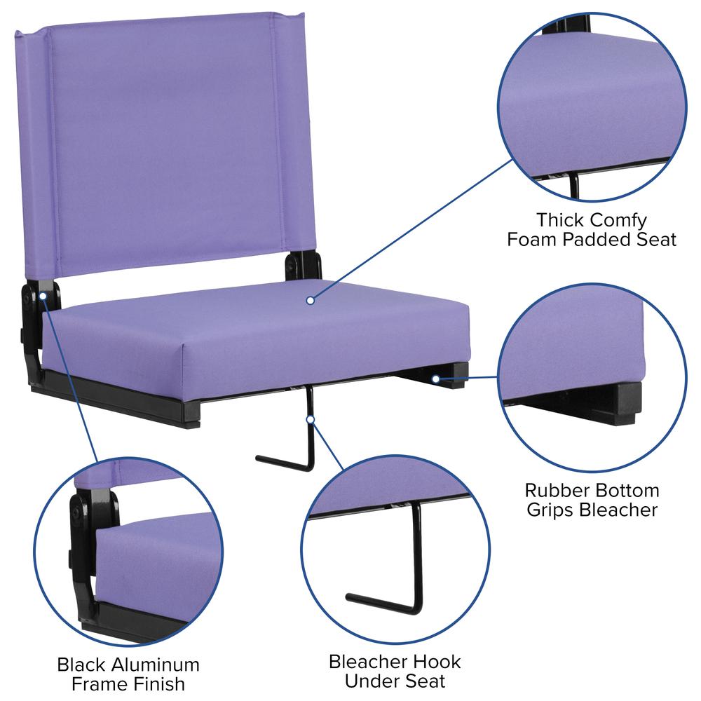 Grandstand Comfort Seats by Flash with 500 LB. Weight Capacity Lightweight Aluminum Frame and Ultra-Padded Seat in Purple. Picture 5