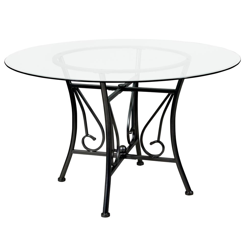 48'' Round Glass Dining Table with Curl Accent Black Metal Frame. Picture 1
