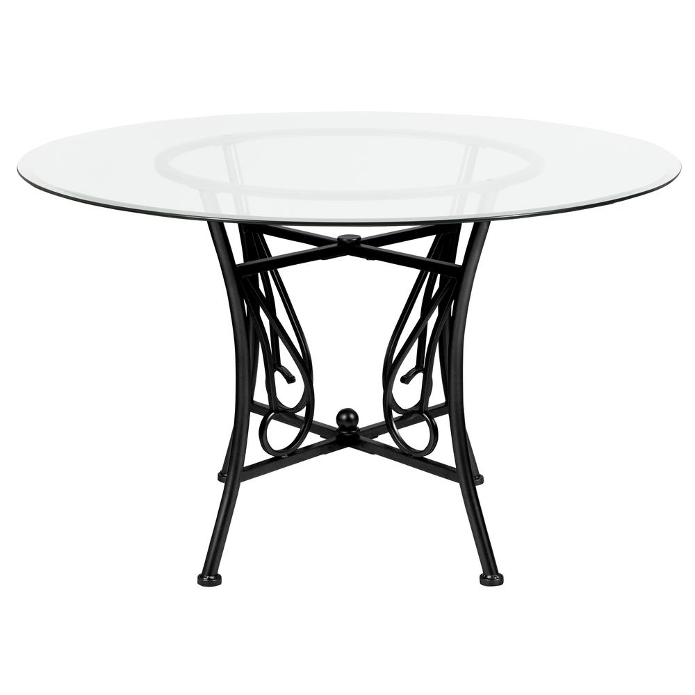 48'' Round Glass Dining Table with Curl Accent Black Metal Frame. Picture 2