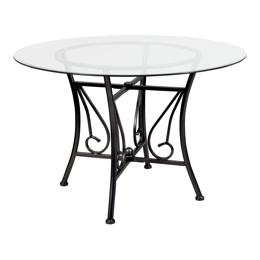 45'' Round Glass Dining Table with Curl Accent Black Metal Frame. Picture 1