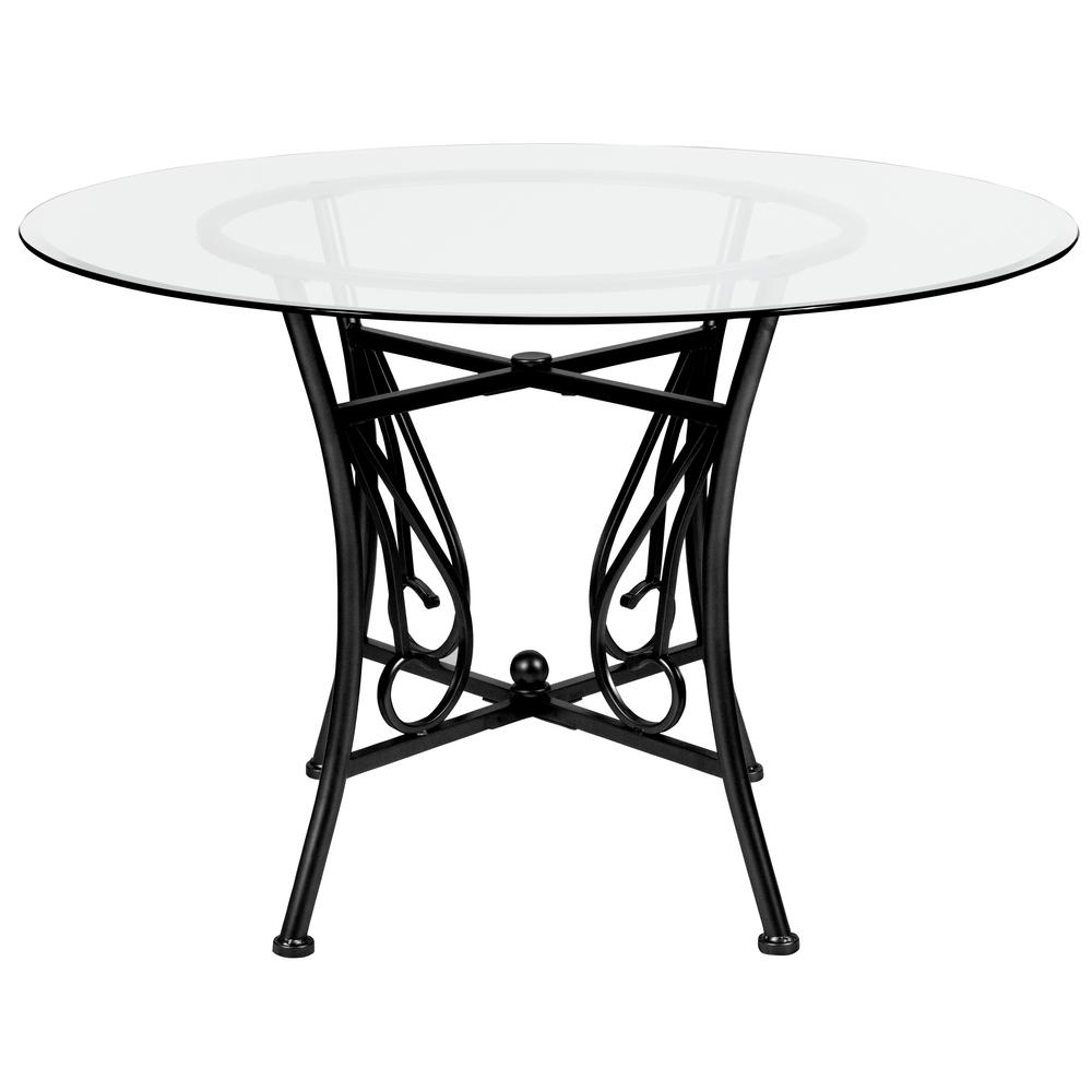 45'' Round Glass Dining Table with Curl Accent Black Metal Frame. Picture 2
