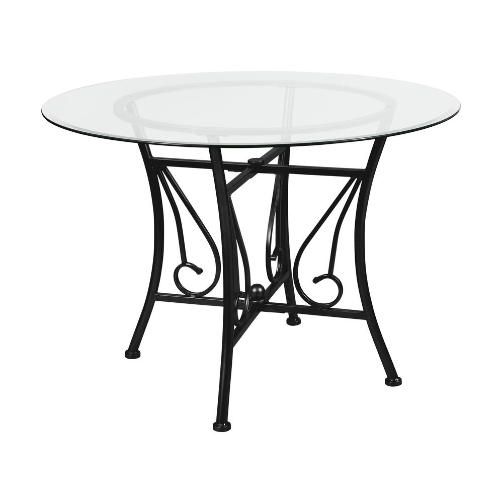 42'' Round Glass Dining Table with Curl Accent Black Metal Frame. Picture 1