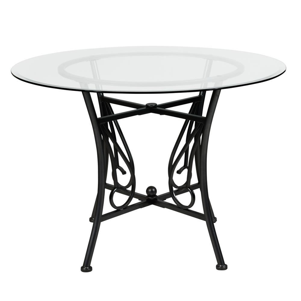 42'' Round Glass Dining Table with Curl Accent Black Metal Frame. Picture 2