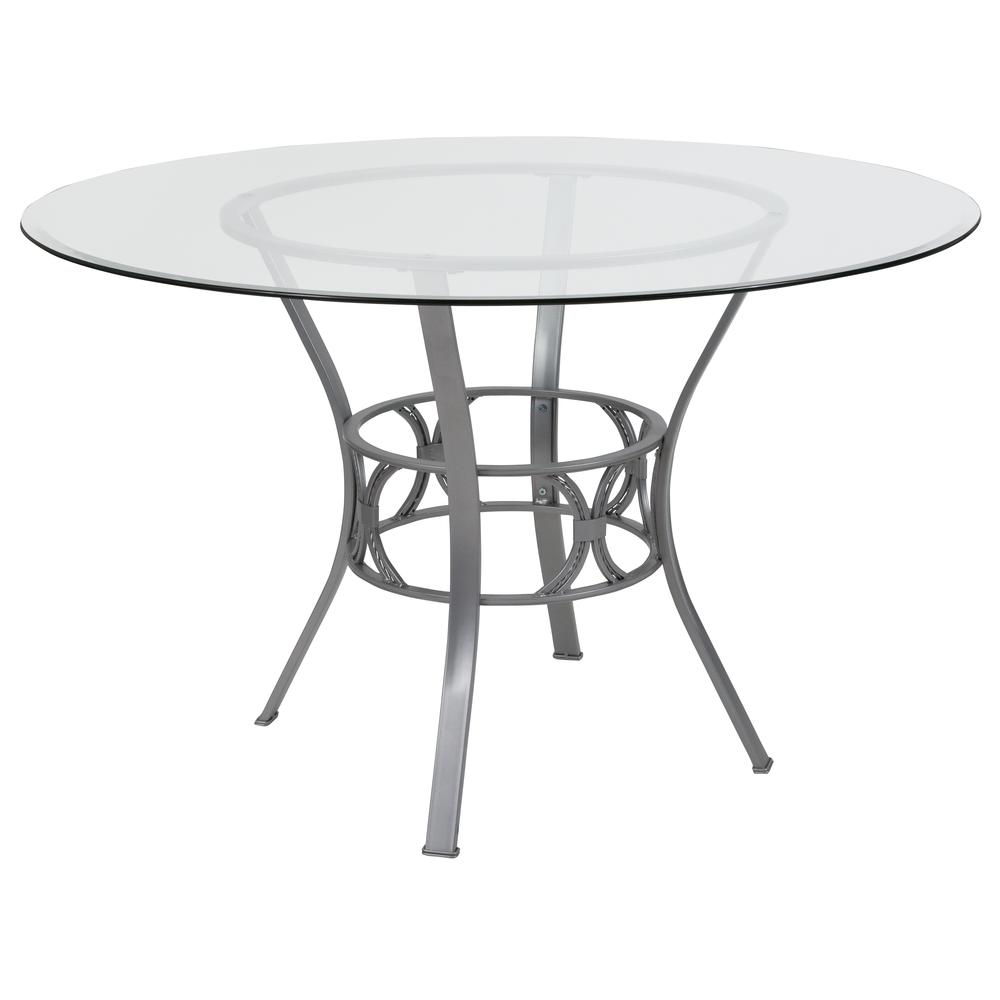 48'' Round Glass Dining Table with Crescent Style Silver Metal Frame. Picture 1