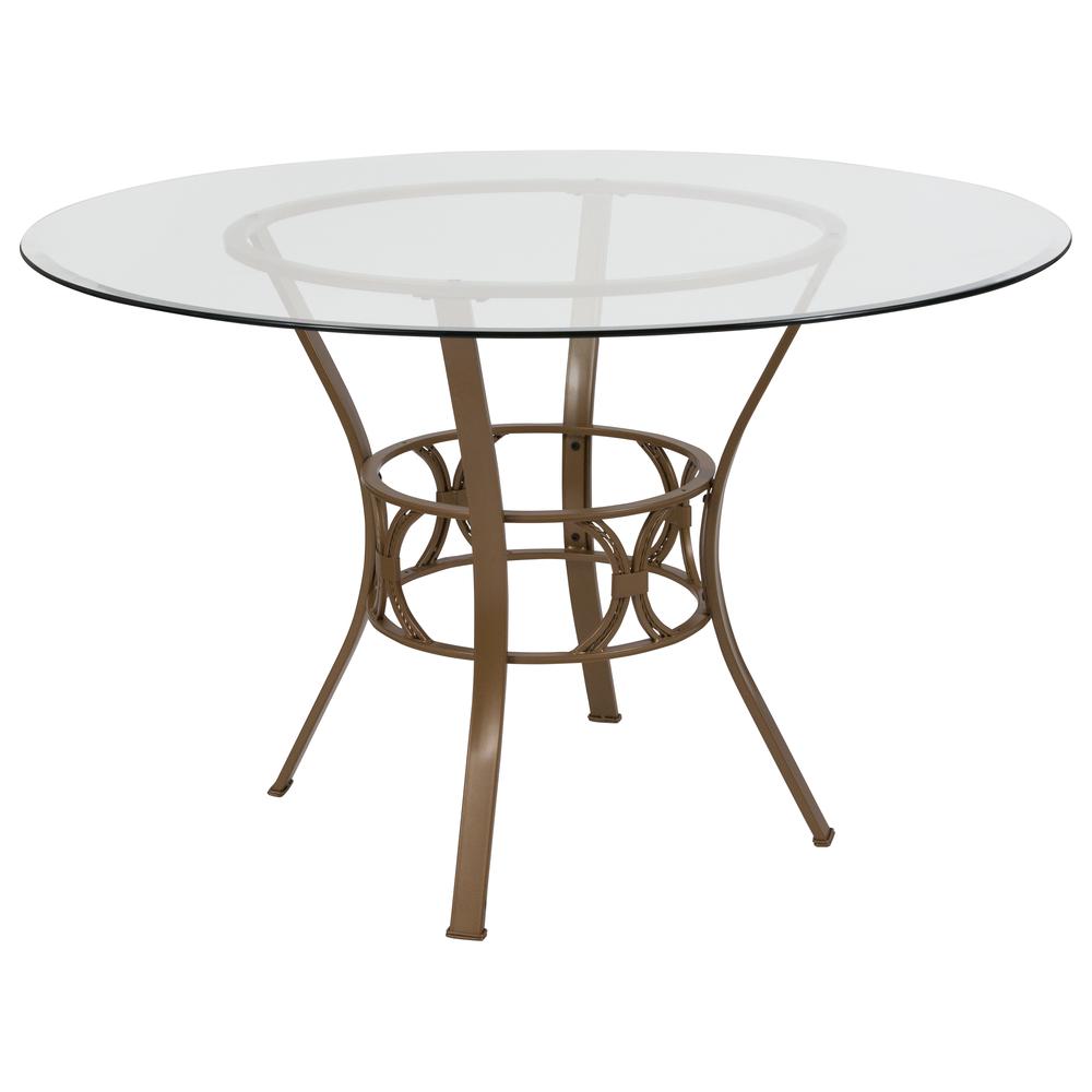 48'' Round Glass Dining Table with Crescent Style Matte Gold Metal Frame. Picture 1