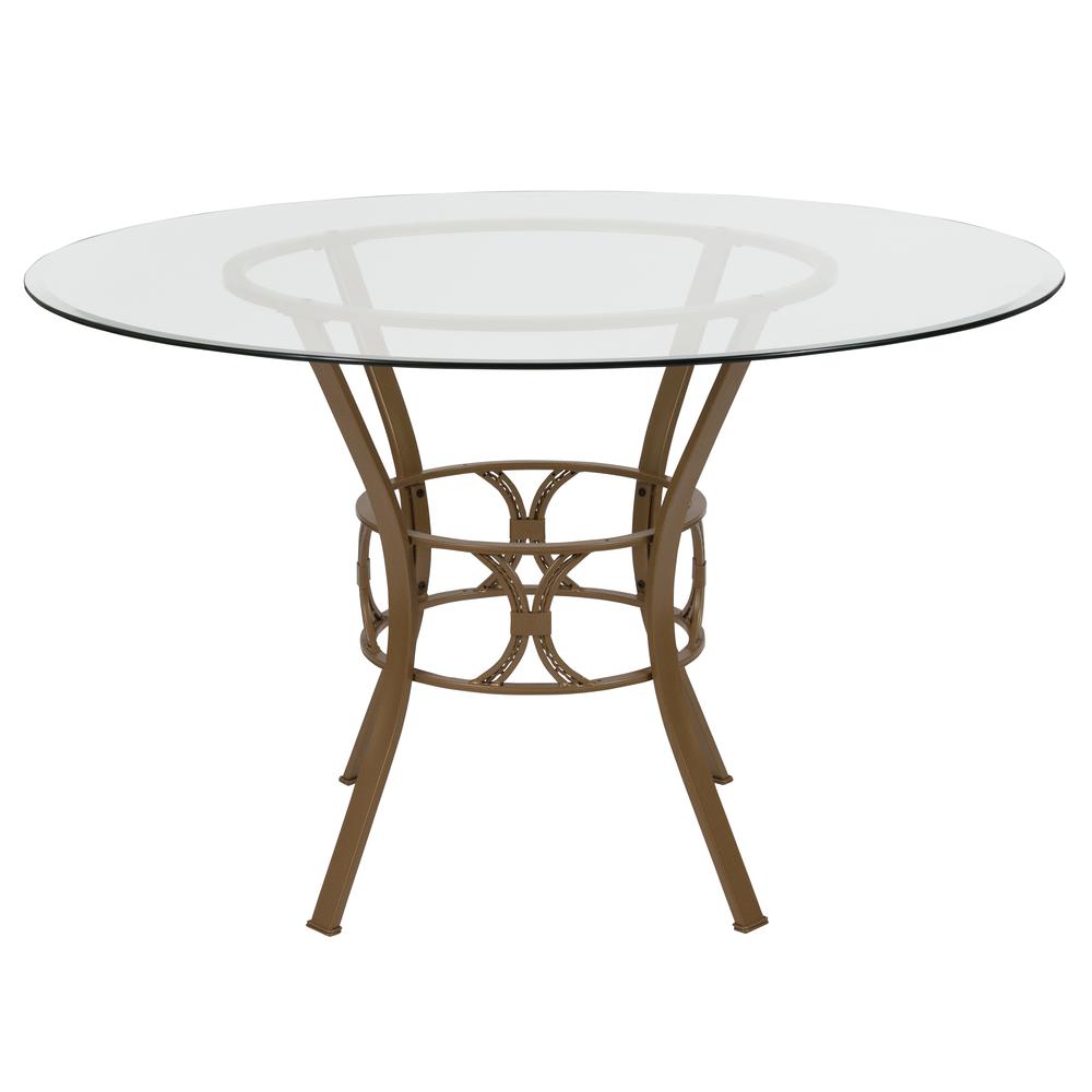 48'' Round Glass Dining Table with Crescent Style Matte Gold Metal Frame. Picture 2