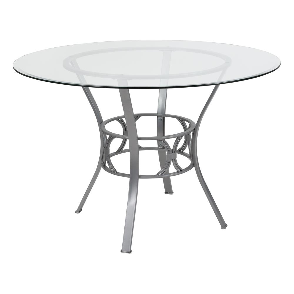 45'' Round Glass Dining Table with Crescent Style Silver Metal Frame. Picture 1