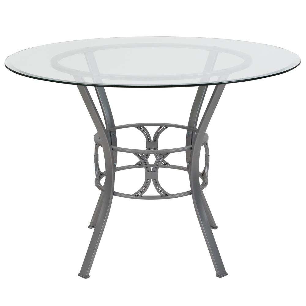 42'' Round Glass Dining Table with Crescent Style Silver Metal Frame. Picture 2