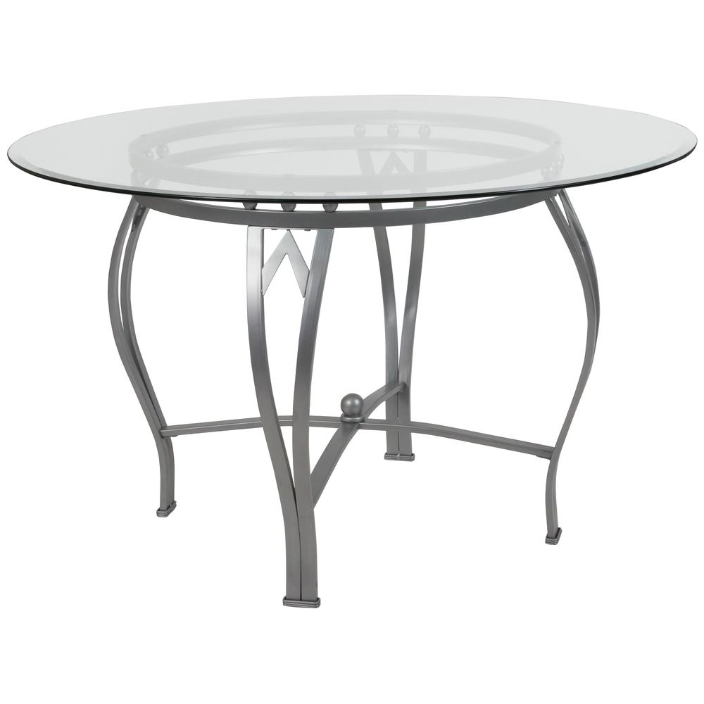 48'' Round Glass Dining Table with Bowed Out Silver Metal Frame. Picture 1