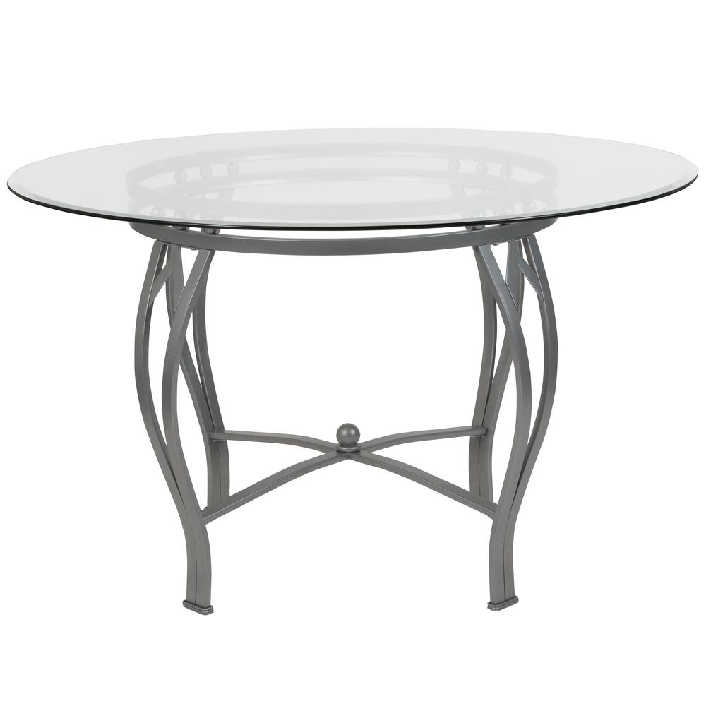 48'' Round Glass Dining Table with Bowed Out Silver Metal Frame. Picture 2