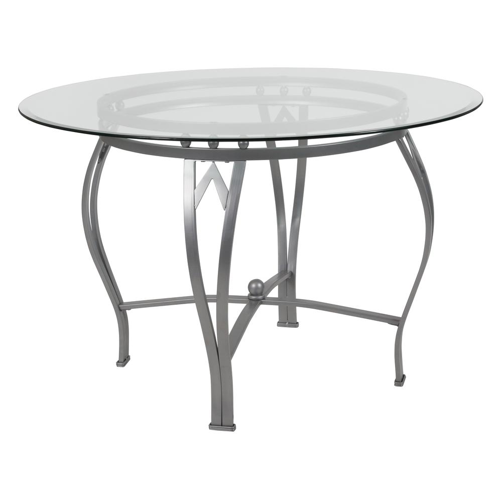 45'' Round Glass Dining Table with Bowed Out Silver Metal Frame. Picture 1