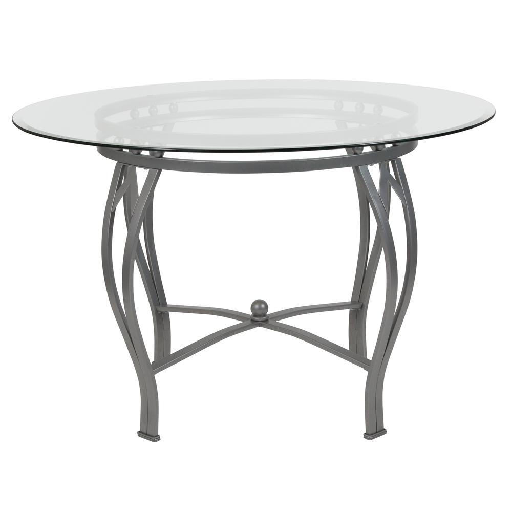 45'' Round Glass Dining Table with Bowed Out Silver Metal Frame. Picture 2