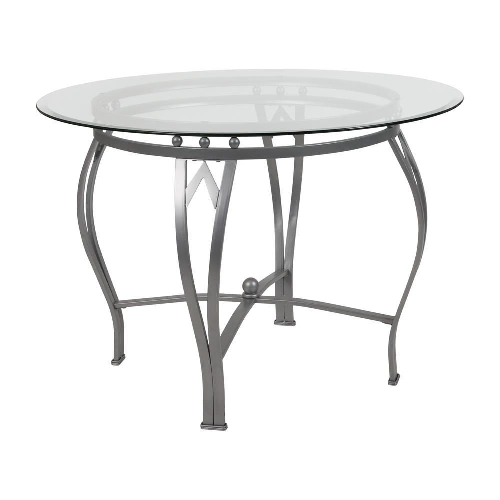 42'' Round Glass Dining Table with Bowed Out Silver Metal Frame. Picture 1