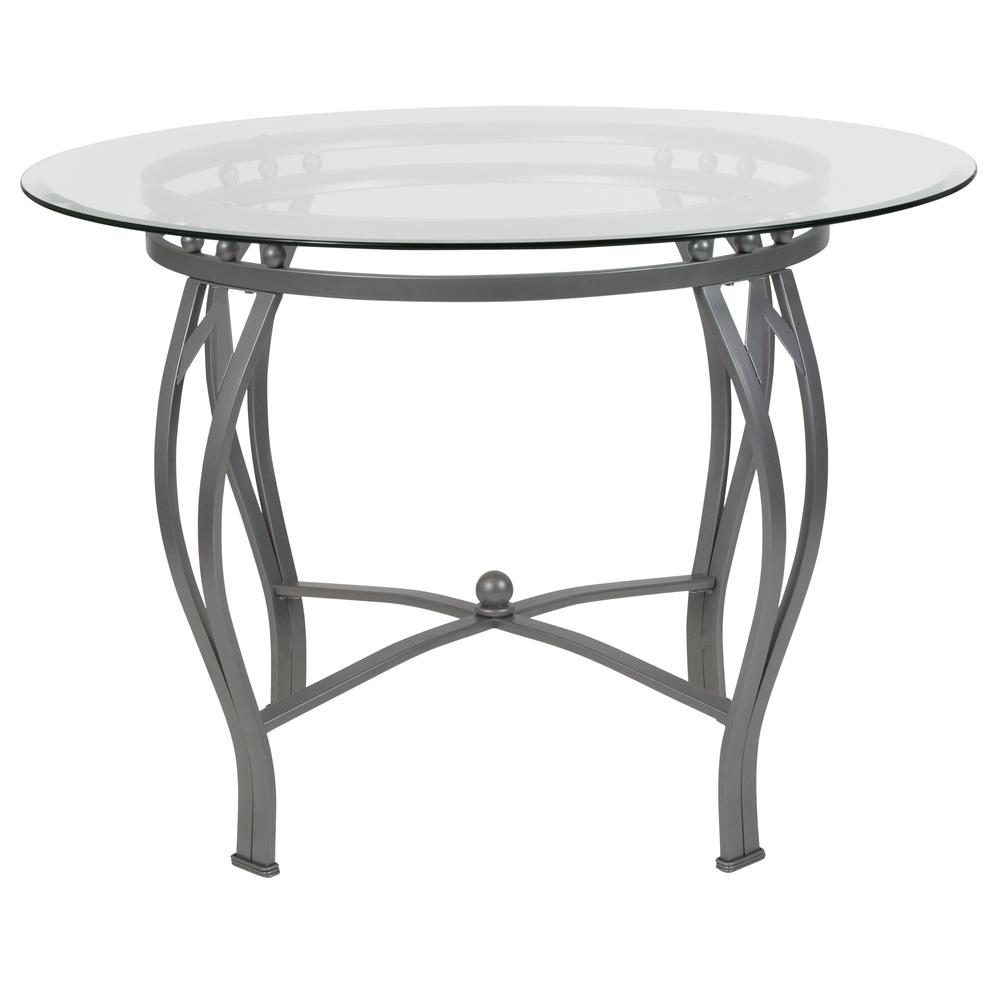 42'' Round Glass Dining Table with Bowed Out Silver Metal Frame. Picture 2