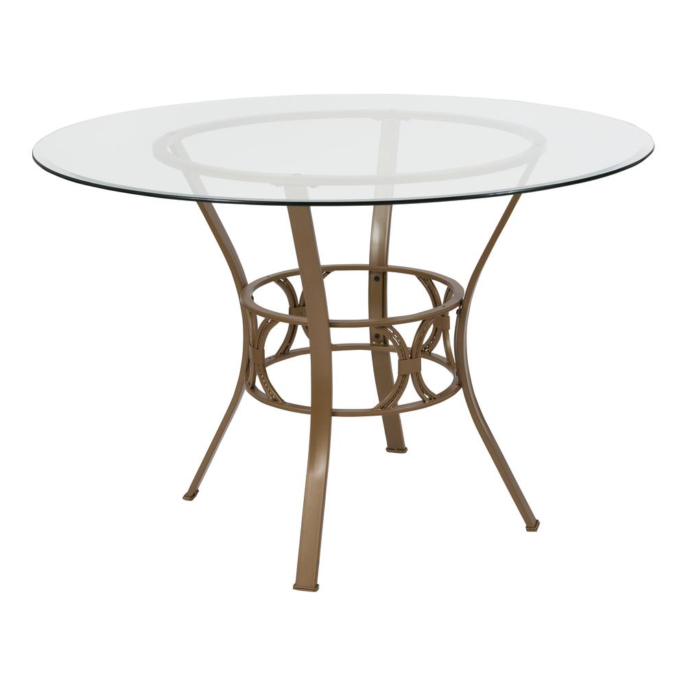 45'' Round Glass Dining Table with Crescent Style Matte Gold Metal Frame. Picture 1