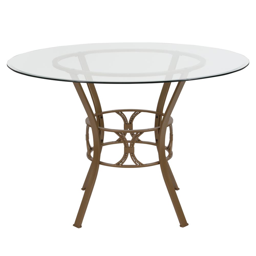 45'' Round Glass Dining Table with Crescent Style Matte Gold Metal Frame. Picture 2
