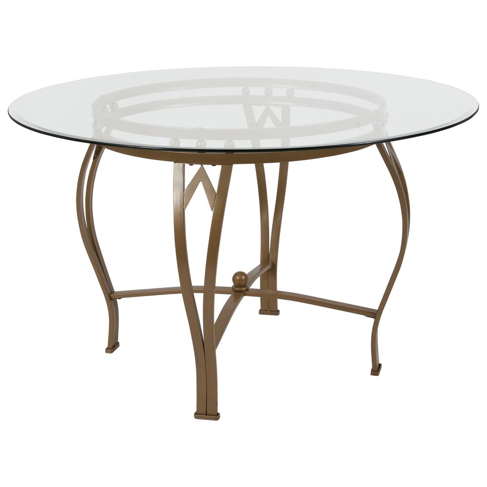 48'' Round Glass Dining Table with Bowed Out Matte Gold Metal Frame. Picture 1