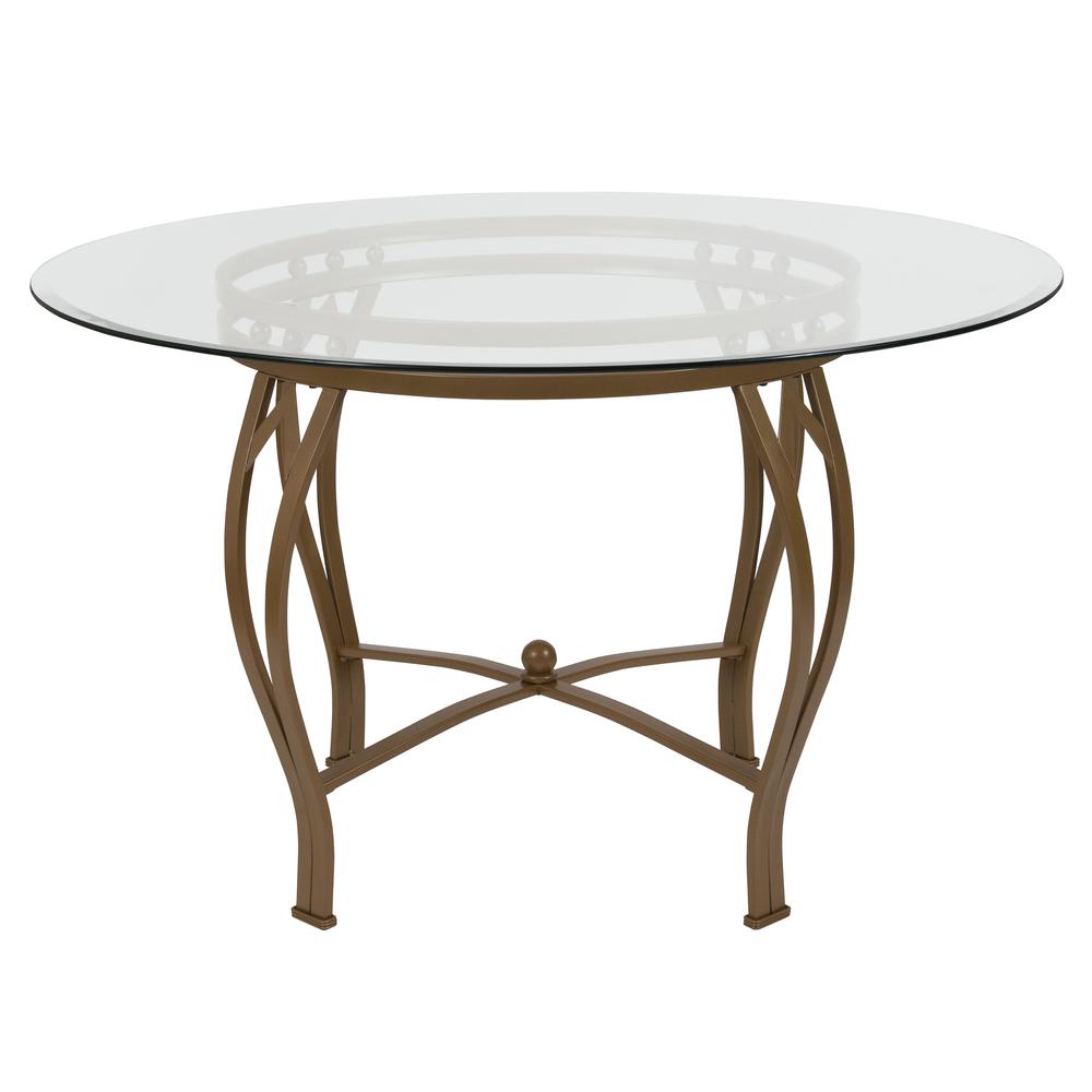 48'' Round Glass Dining Table with Bowed Out Matte Gold Metal Frame. Picture 2