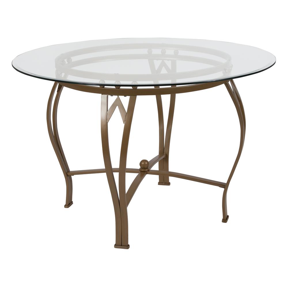45'' Round Glass Dining Table with Bowed Out Matte Gold Metal Frame. Picture 1