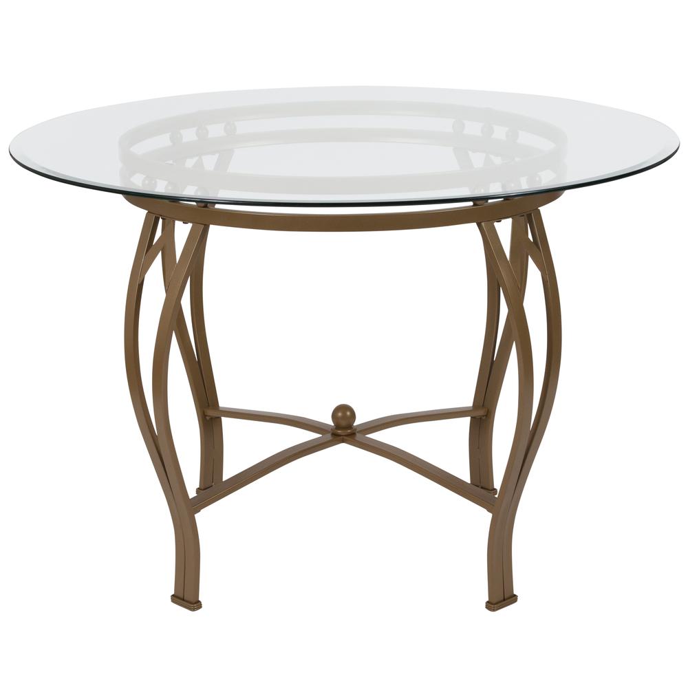 45'' Round Glass Dining Table with Bowed Out Matte Gold Metal Frame. Picture 2