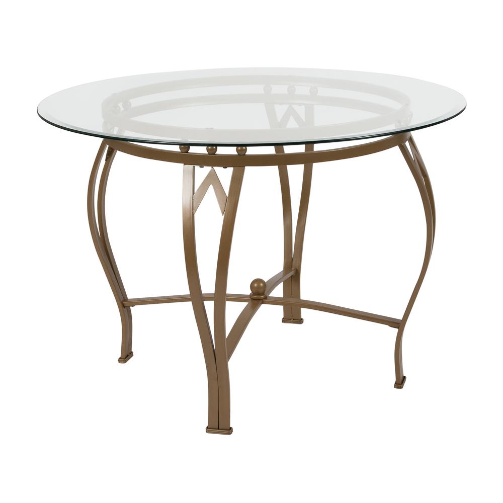 42'' Round Glass Dining Table with Bowed Out Matte Gold Metal Frame. Picture 1