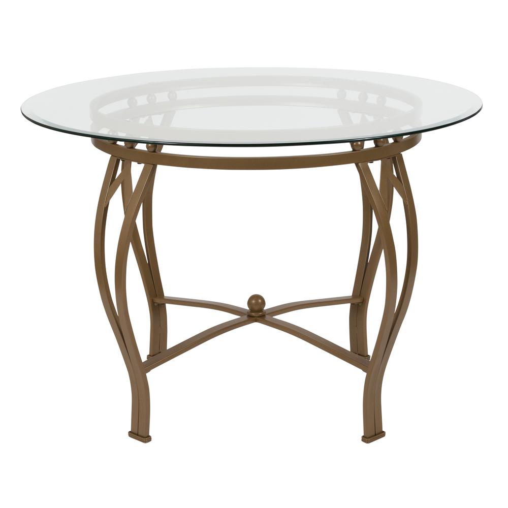 42'' Round Glass Dining Table with Bowed Out Matte Gold Metal Frame. Picture 2