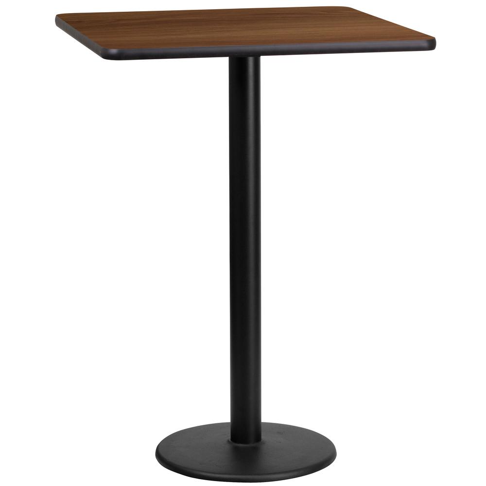 24'' Square Walnut Laminate Table Top with 18'' Round Bar Height Table Base. Picture 1