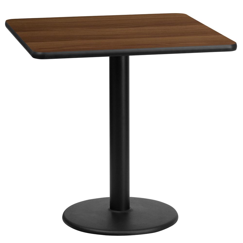 24'' Square Walnut Laminate Table Top with 18'' Round Table Height Base. Picture 1