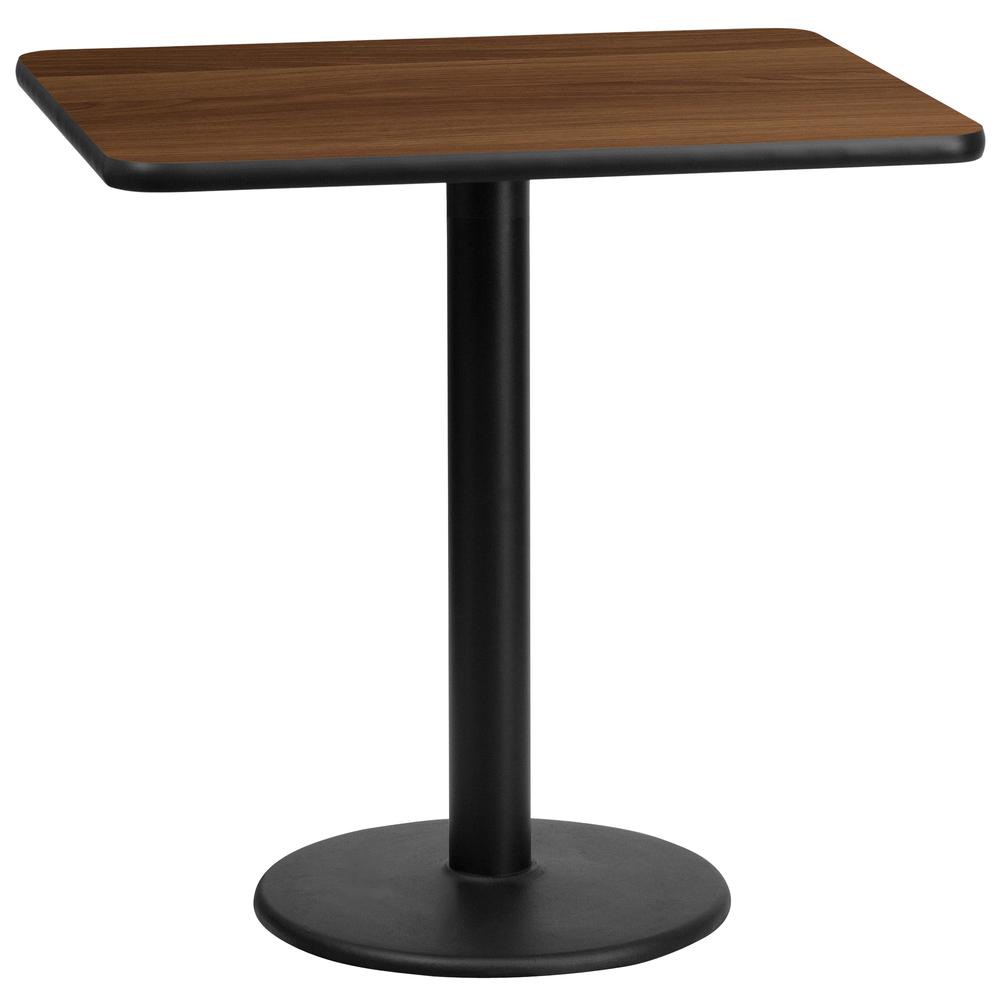 24'' x 30'' Rectangular Walnut Laminate Table Top with 18'' Round Table Height Base. Picture 1