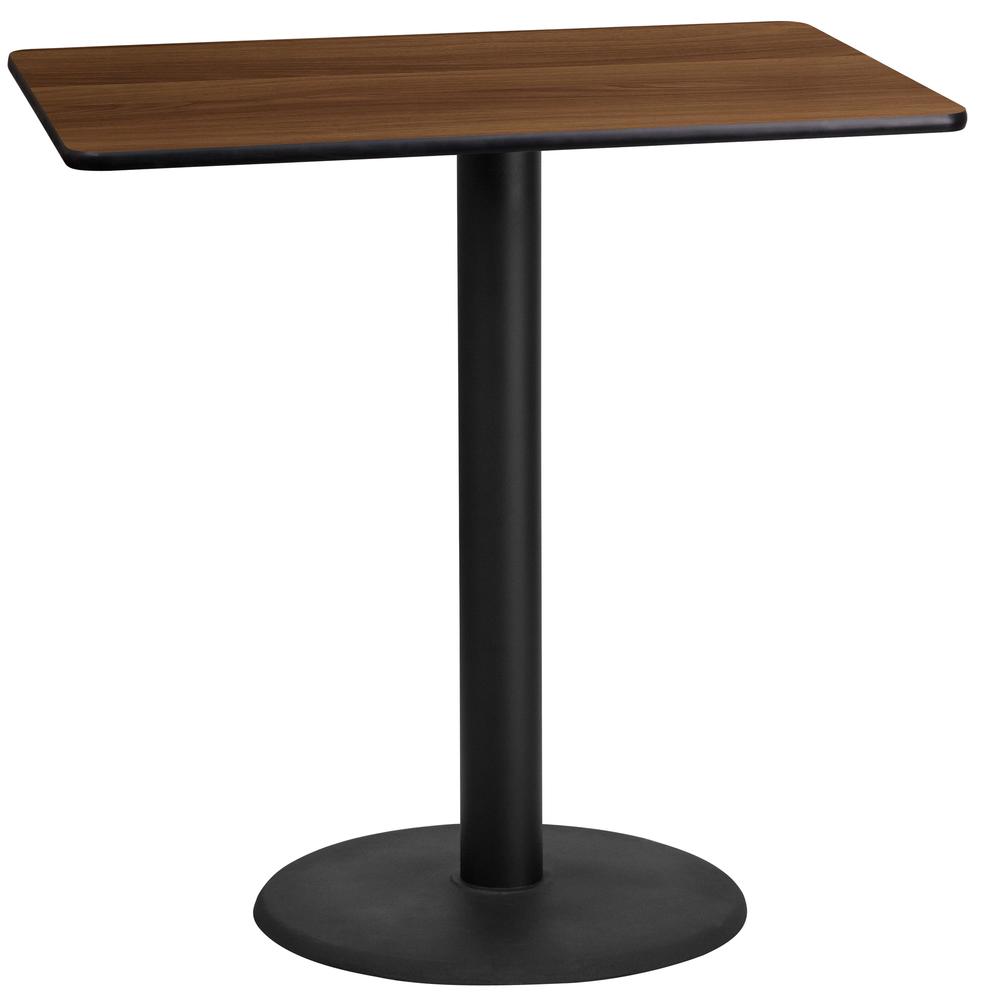 24'' x 42'' Rectangular Walnut Laminate Table Top with 24'' Round Bar Height Table Base. Picture 1