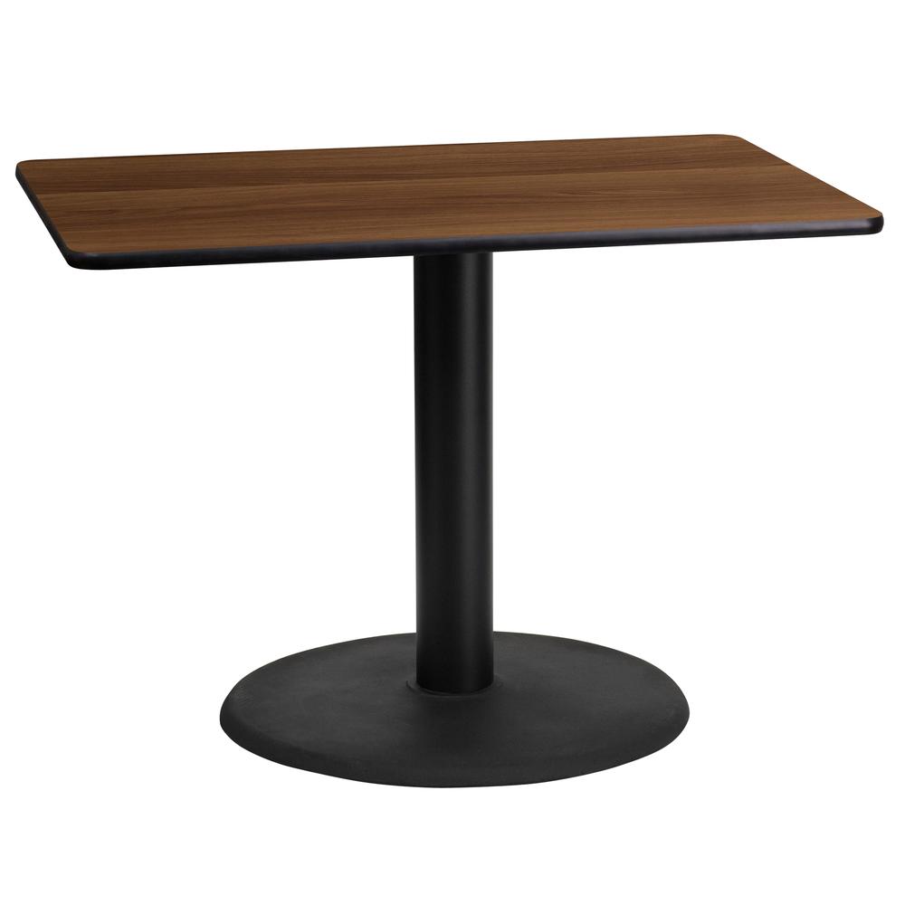 24'' x 42'' Rectangular Walnut Laminate Table Top with 24'' Round Table Height Base. Picture 1