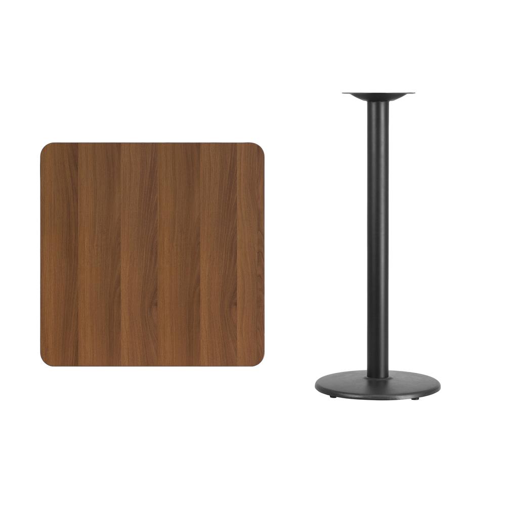 30'' Square Walnut Laminate Table Top with 18'' Round Bar Height Table Base. Picture 2