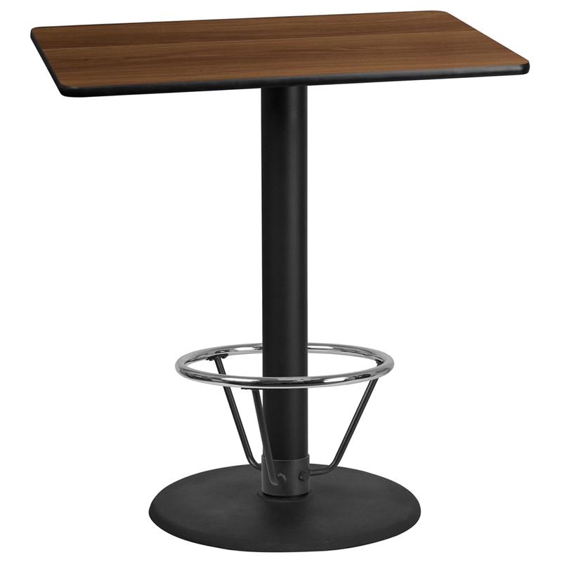 30'' x 42'' Walnut Table Top with 24'' Round Bar Height Table Base and Foot Ring. Picture 1