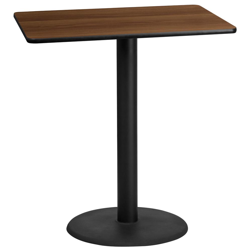 30'' x 42'' Rectangular Walnut Laminate Table Top with 24'' Round Bar Height Table Base. Picture 1