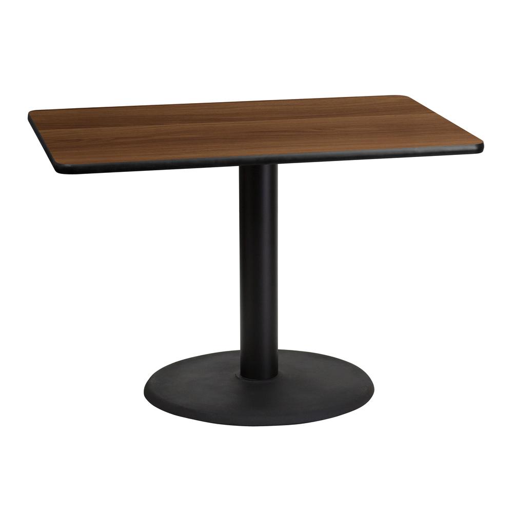 30'' x 42'' Rectangular Walnut Laminate Table Top with 24'' Round Table Height Base. Picture 1