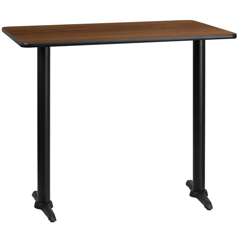30'' x 48'' Rectangular Walnut Laminate Table Top with 5'' x 22'' Bar Height Table Bases. Picture 1
