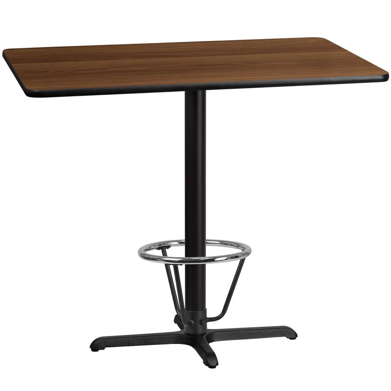 30'' x 48'' Rectangular Walnut Laminate Table Top with 23.5'' x 29.5'' Bar Height Table Base and Foot Ring. Picture 1