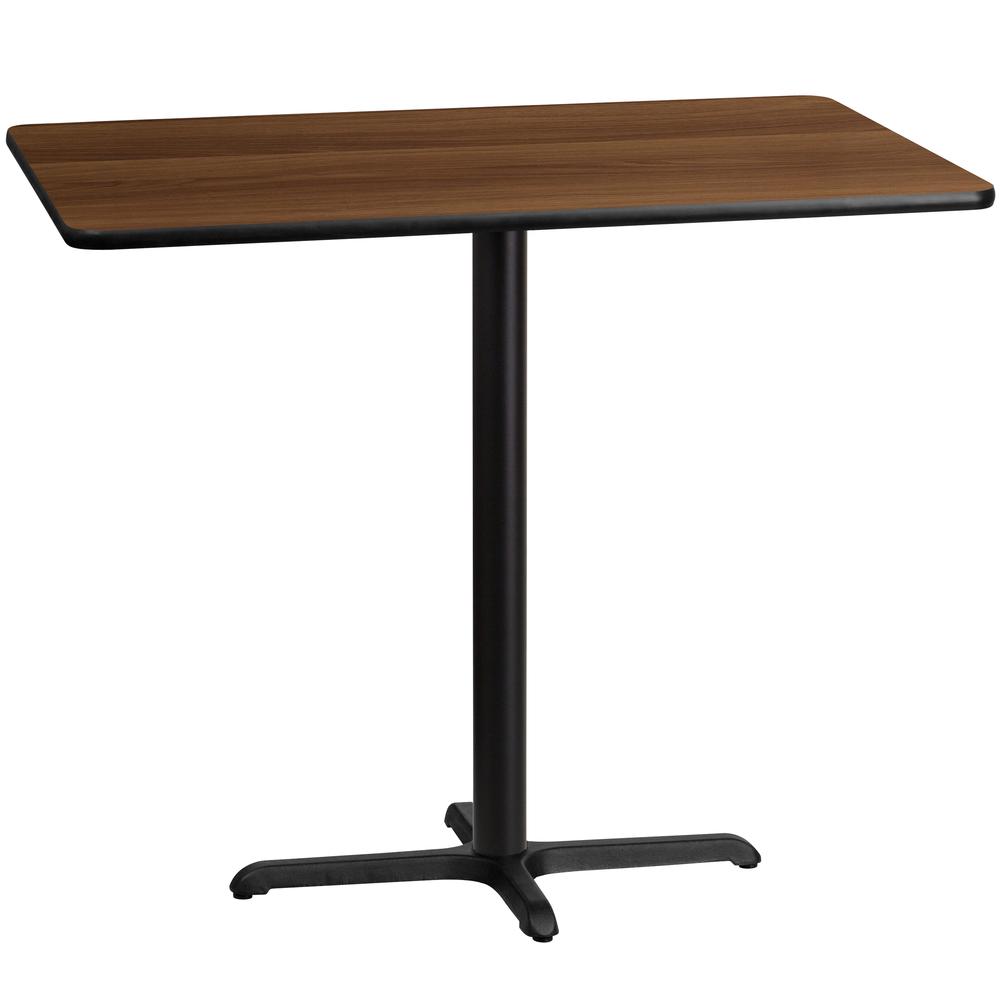 30'' x 48'' Rectangular Walnut Laminate Table Top with 23.5'' x 29.5'' Bar Height Table Base. Picture 1