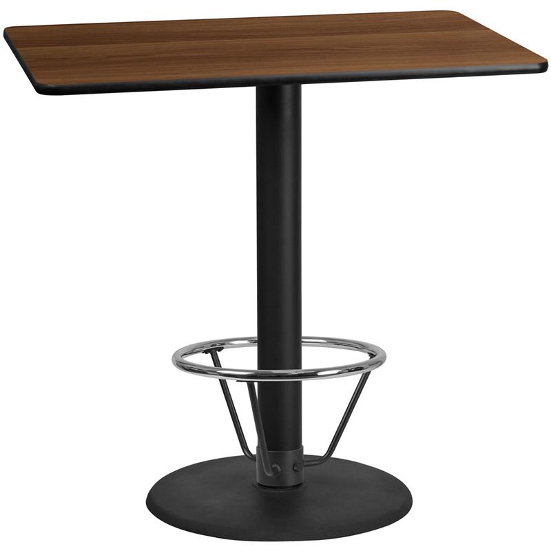 30'' x 48'' Walnut Table Top with 24'' Round Bar Height Table Base and Foot Ring. Picture 1