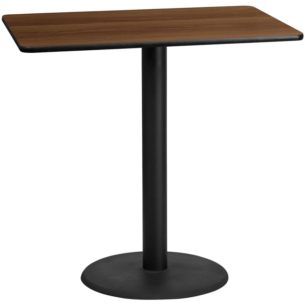 30'' x 48'' Rectangular Walnut Laminate Table Top with 24'' Round Bar Height Table Base. Picture 1