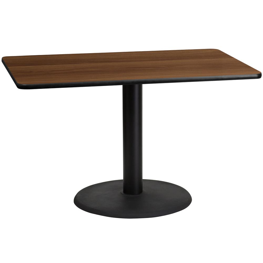 30'' x 48'' Rectangular Walnut Table Top with 24'' Round Table Height Base. Picture 1