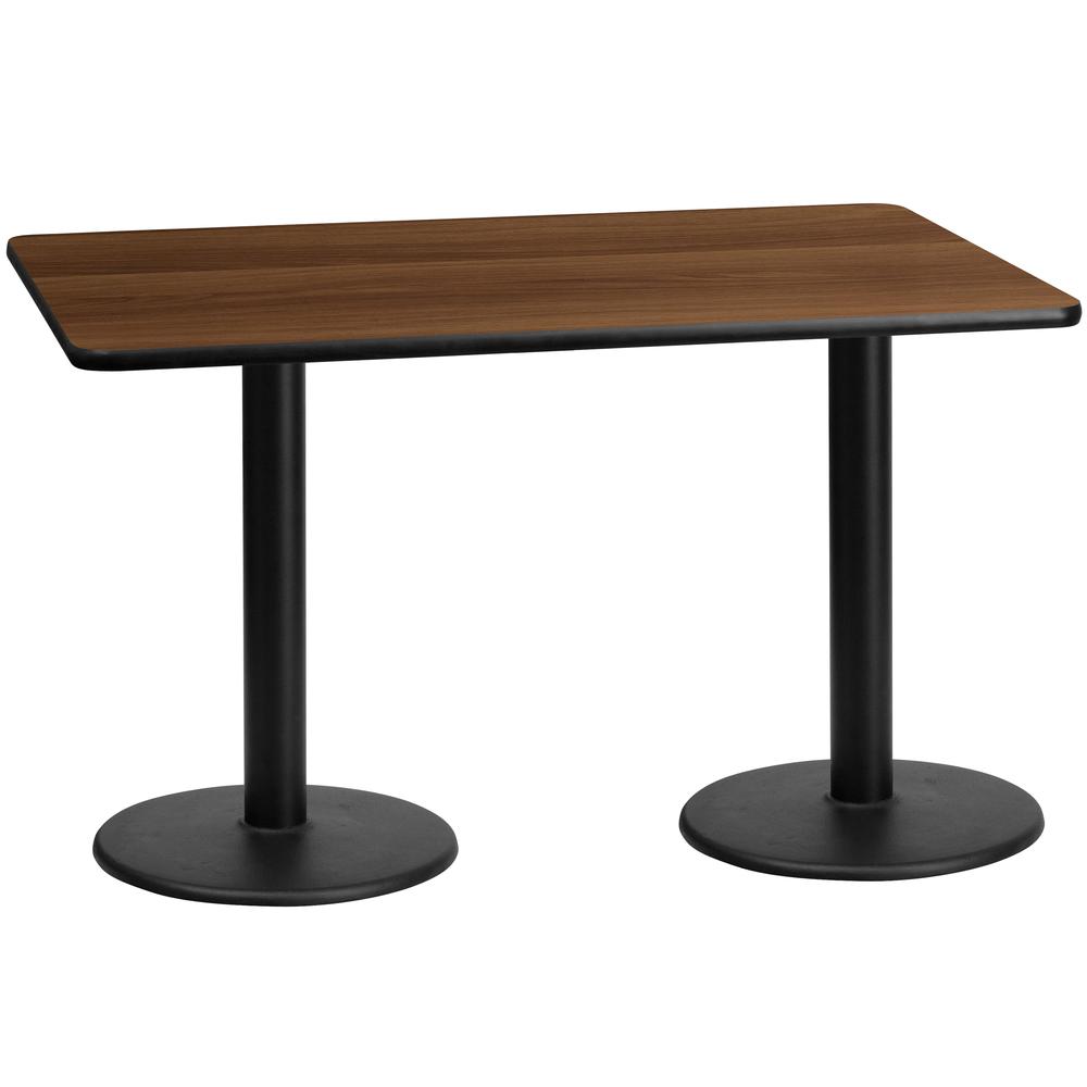 30'' x 60'' Rectangular Walnut Table Top with 18'' Round Table Height Bases. Picture 1