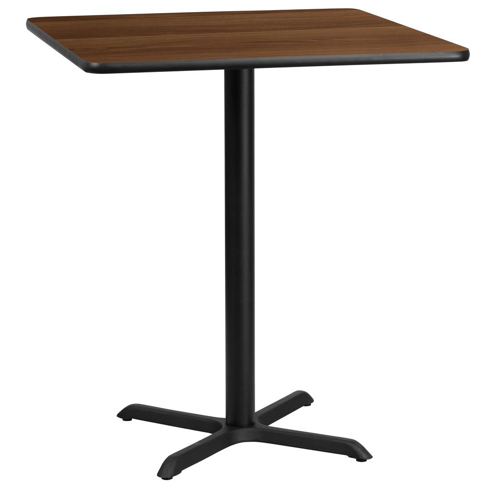 36'' Square Walnut Laminate Table Top with 30'' x 30'' Bar Height Table Base. Picture 1