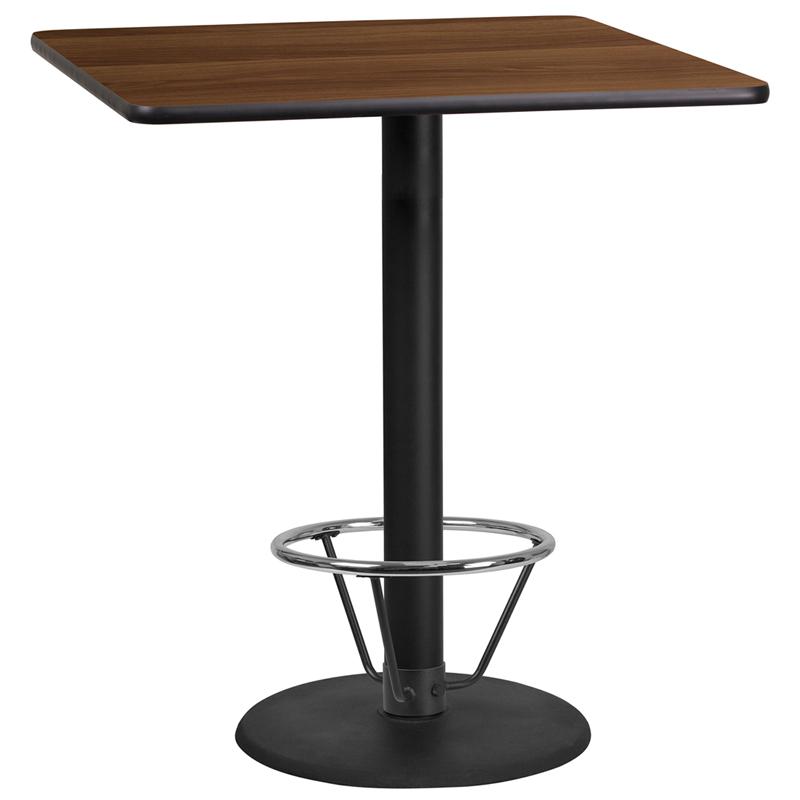 36'' Square Walnut Laminate Table Top with 24'' Round Bar Height Table Base and Foot Ring. Picture 1