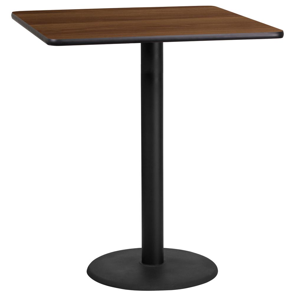 36'' Square Walnut Laminate Table Top with 24'' Round Bar Height Table Base. Picture 1