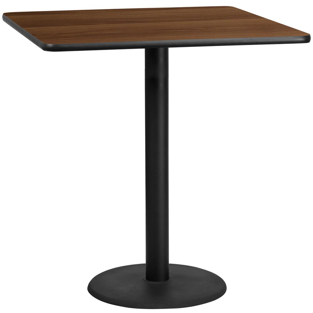 42'' Square Walnut Laminate Table Top with 24'' Round Bar Height Table Base. Picture 1