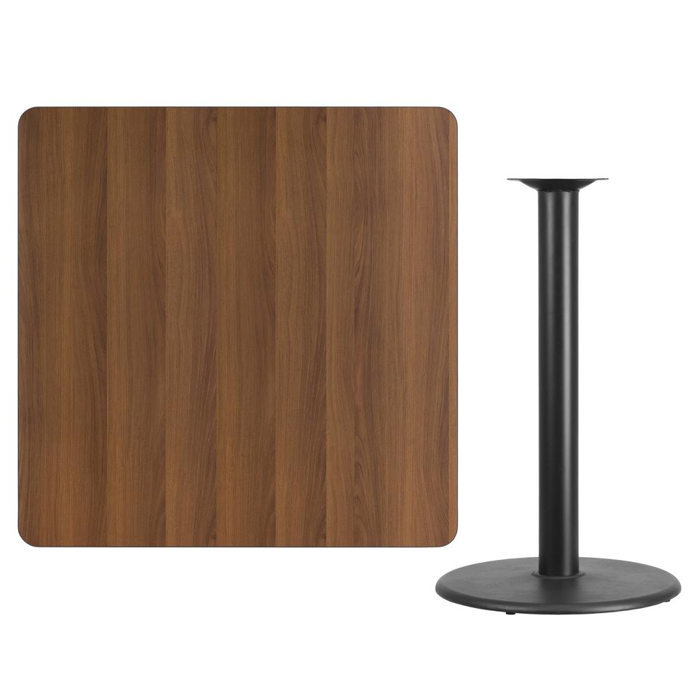 42'' Square Walnut Laminate Table Top with 24'' Round Bar Height Table Base. Picture 2