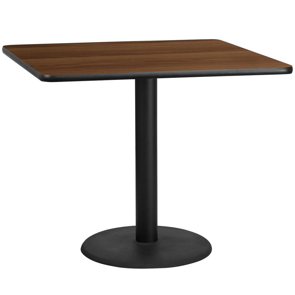 42'' Square Walnut Laminate Table Top with 24'' Round Table Height Base. Picture 1
