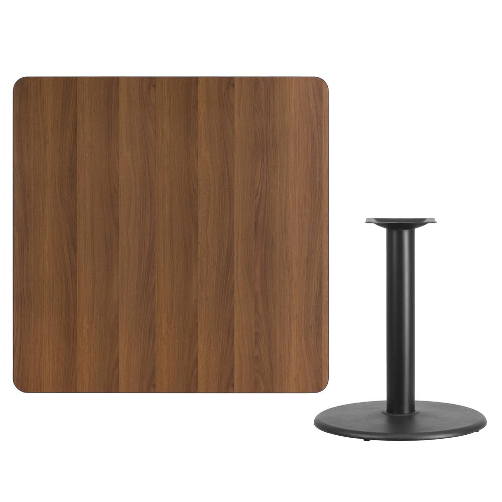 42'' Square Walnut Laminate Table Top with 24'' Round Table Height Base. Picture 2