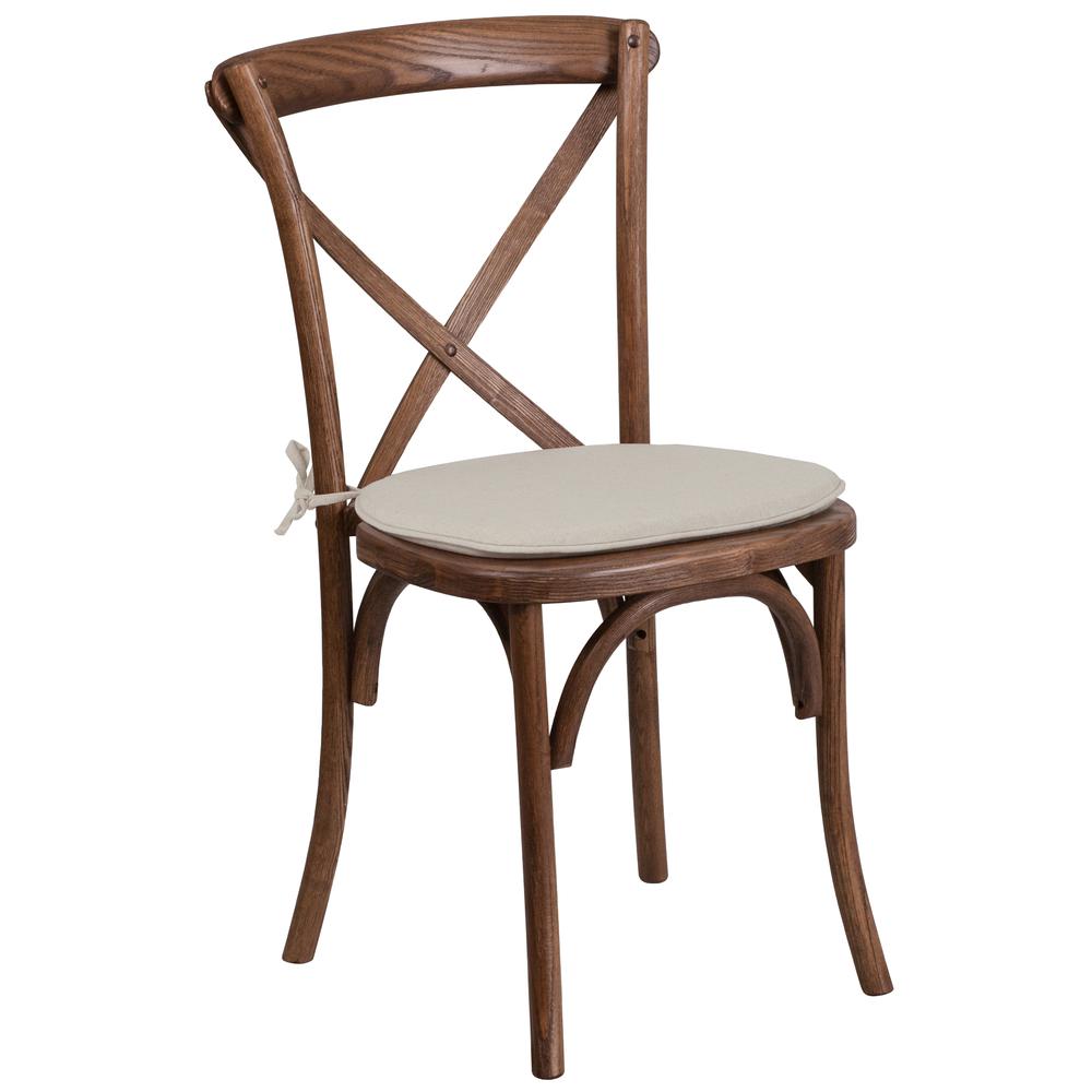 Stackable Pecan Wood Cross Back Chair with Cushion. Picture 1